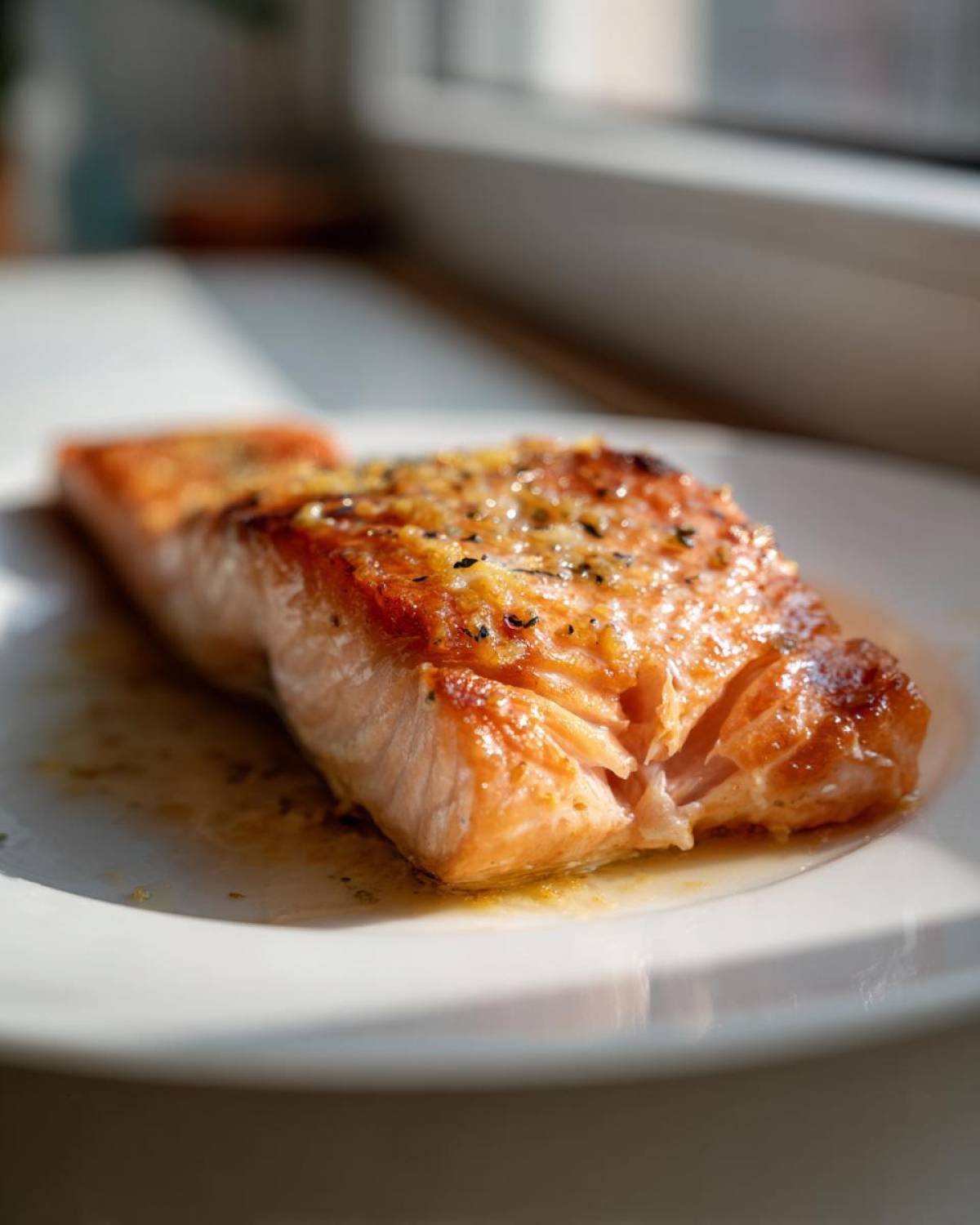 Close-up of a perfectly cooked, flaky baked salmon recipe fillet with a golden, seasoned crust on a white plate.