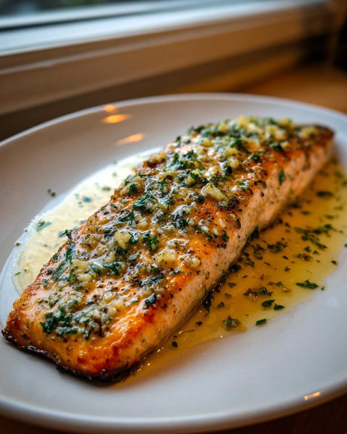 Close-up of a perfectly cooked baked salmon recipe fillet topped with garlic and parsley butter sauce.