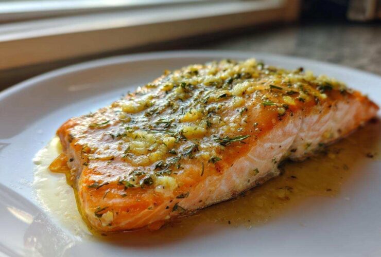 Close-up of a perfectly cooked baked salmon recipe fillet topped with garlic and herbs on a white plate.