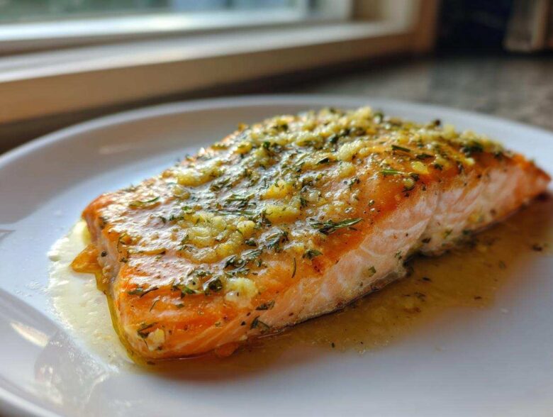 Close-up of a perfectly cooked baked salmon recipe fillet topped with garlic and herbs on a white plate.