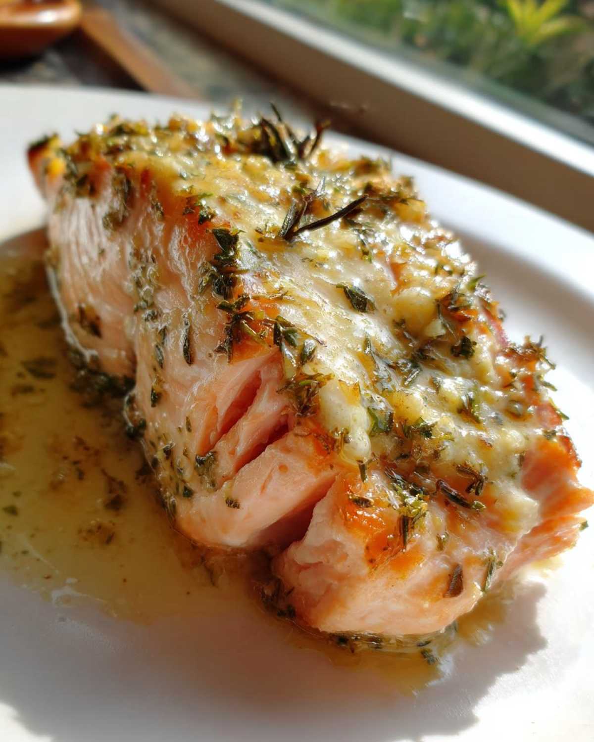Close-up of a perfectly cooked fillet in a baked salmon recipe, topped with melted butter, garlic, and fresh herbs.