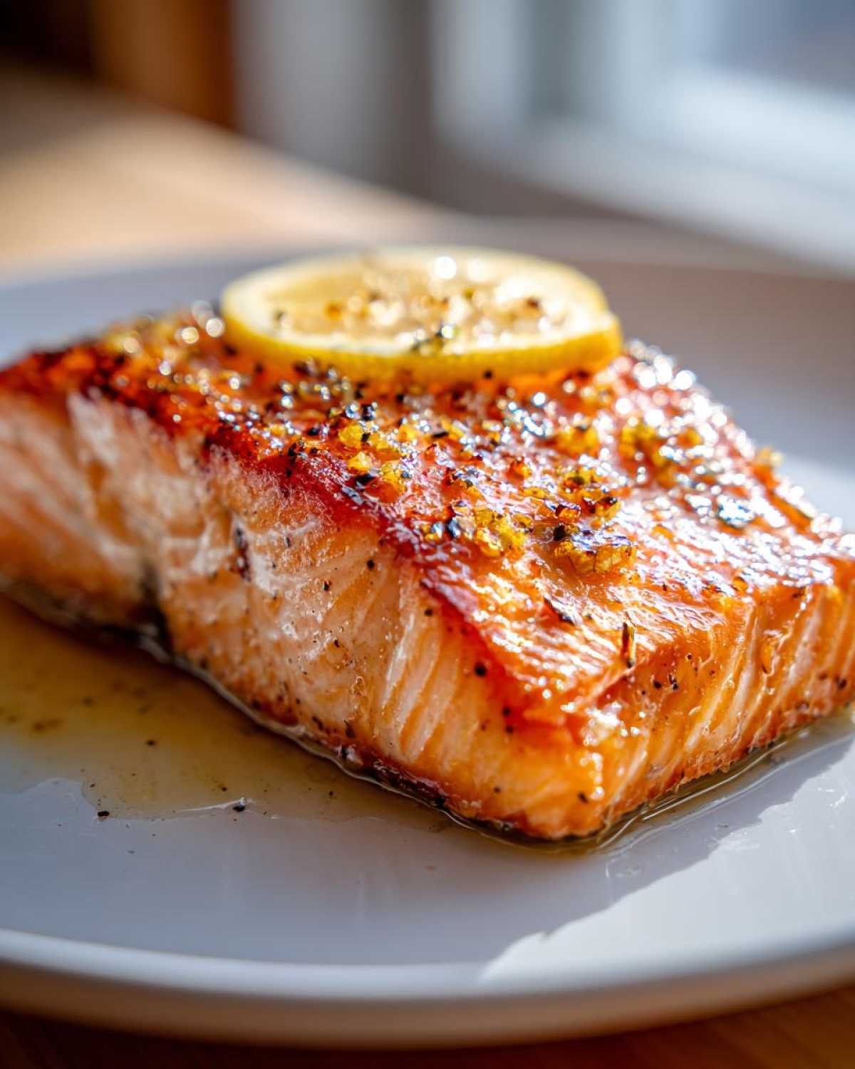 Close-up of a perfectly cooked, juicy baked salmon recipe fillet topped with lemon zest and a lemon slice.