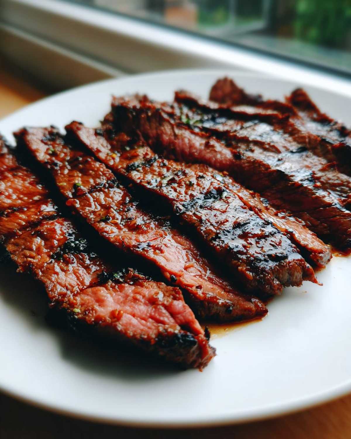 Close-up of perfectly grilled and sliced steak coated in a rich Carne asada marinade on a white plate.