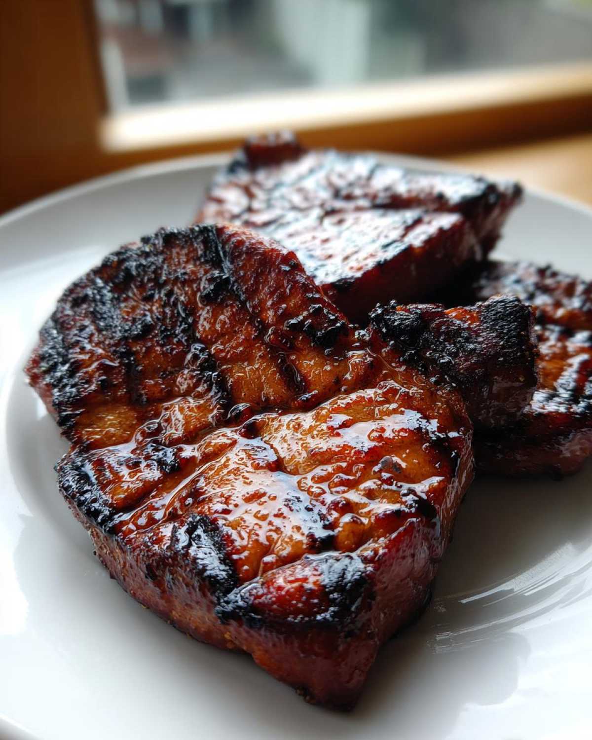 Close-up of three juicy, glazed, and perfectly seared pork steak pieces resting on a white plate.
