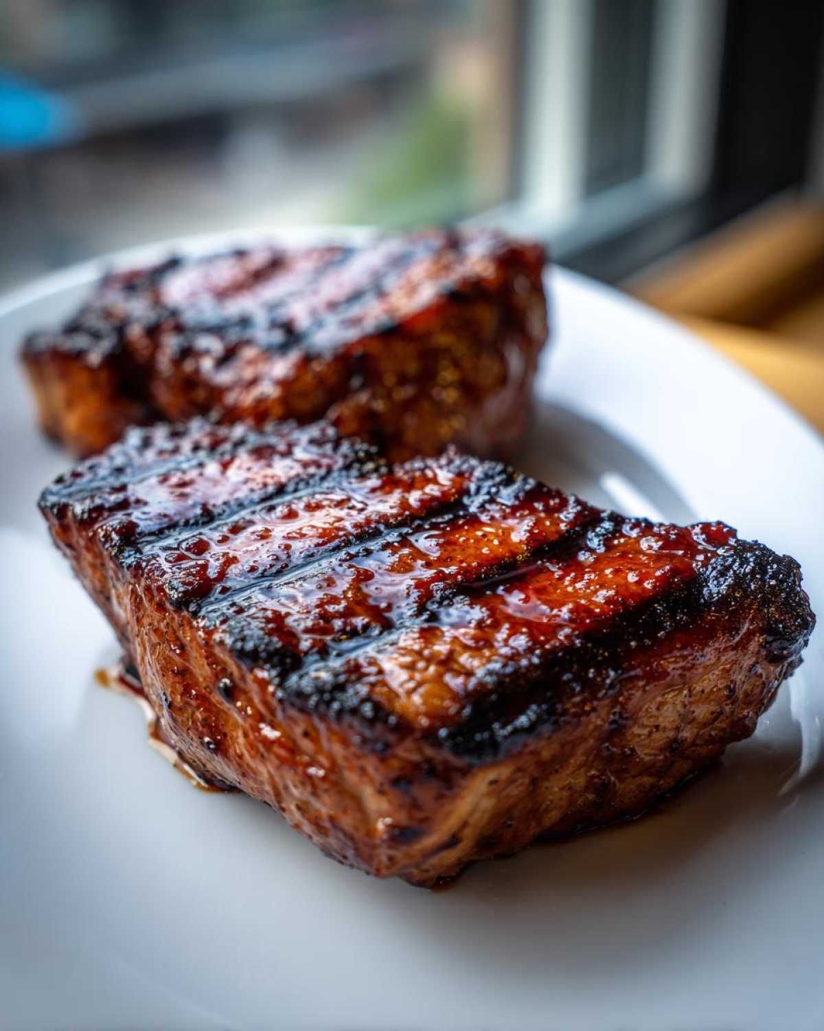 Close-up of a thick, juicy pork steak recipe cut with dark grill marks and a shiny glaze.