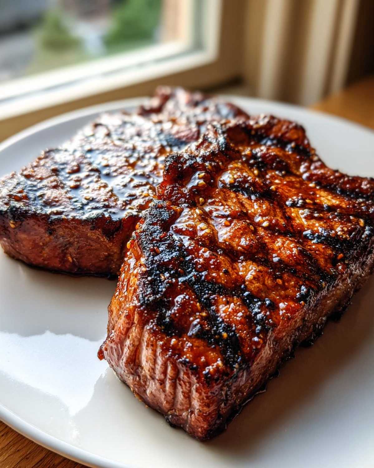 Two beautifully grilled and glazed pork steak cuts resting on a white plate, showing char marks.
