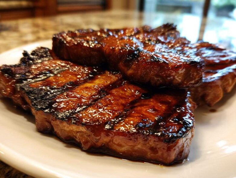 Close-up of three perfectly grilled and glazed pork steak cuts resting on a white plate.
