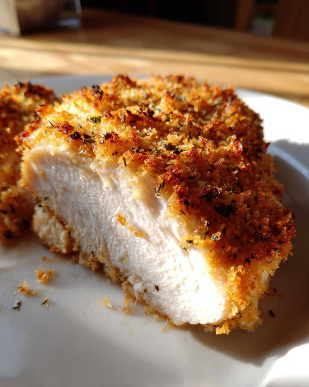 Cross-section of juicy parmesan crusted chicken showing the white meat and golden brown crust.