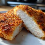 Cross-section view showing the moist white interior of a perfectly cooked parmesan crusted chicken cutlet.