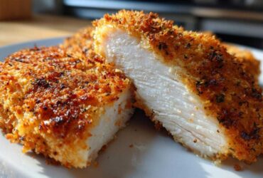 Cross-section view showing the moist white interior of a perfectly cooked parmesan crusted chicken cutlet.