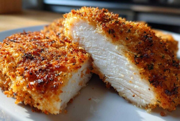 Cross-section view showing the moist white interior of a perfectly cooked parmesan crusted chicken cutlet.