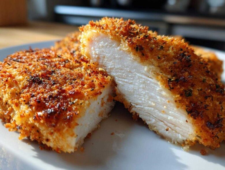 Cross-section view showing the moist white interior of a perfectly cooked parmesan crusted chicken cutlet.