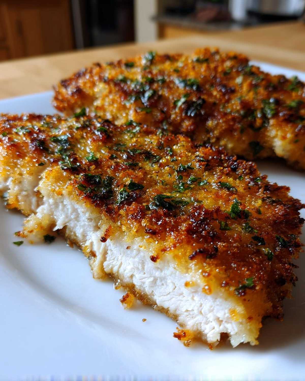 Close-up of a perfectly cooked parmesan crusted chicken breast cut in half showing juicy white meat.