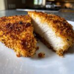 Close-up of juicy parmesan crusted chicken cut in half showing white, cooked interior.