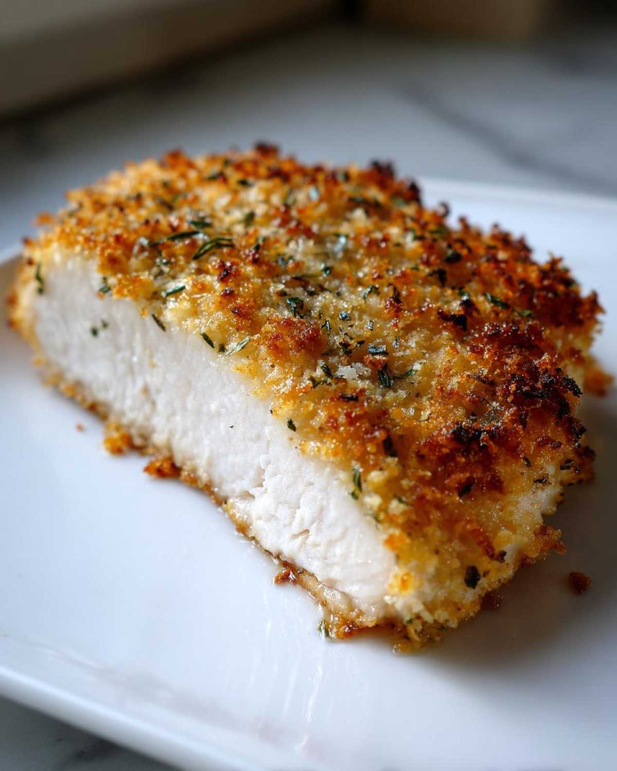 Close-up of a thick slice of juicy parmesan crusted chicken showing the white interior and golden crust.