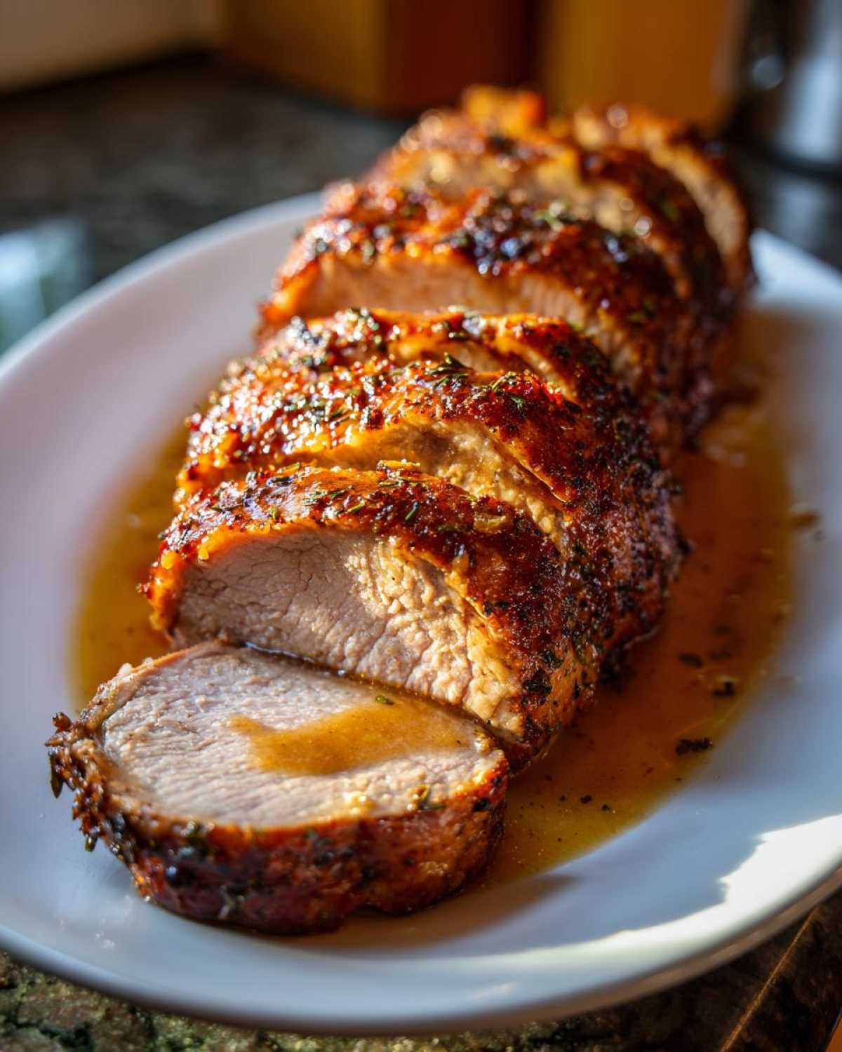 Close-up of a perfectly cooked and sliced pork loin roast resting in its juices on a white platter.