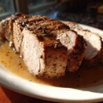 Slices of perfectly cooked, juicy pork loin roast resting in a pool of savory pan juices on a white plate.