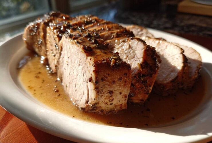 Slices of perfectly cooked, juicy pork loin roast resting in a pool of savory pan juices on a white plate.