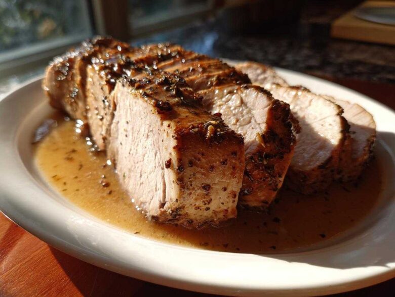 Slices of perfectly cooked, juicy pork loin roast resting in a pool of savory pan juices on a white plate.