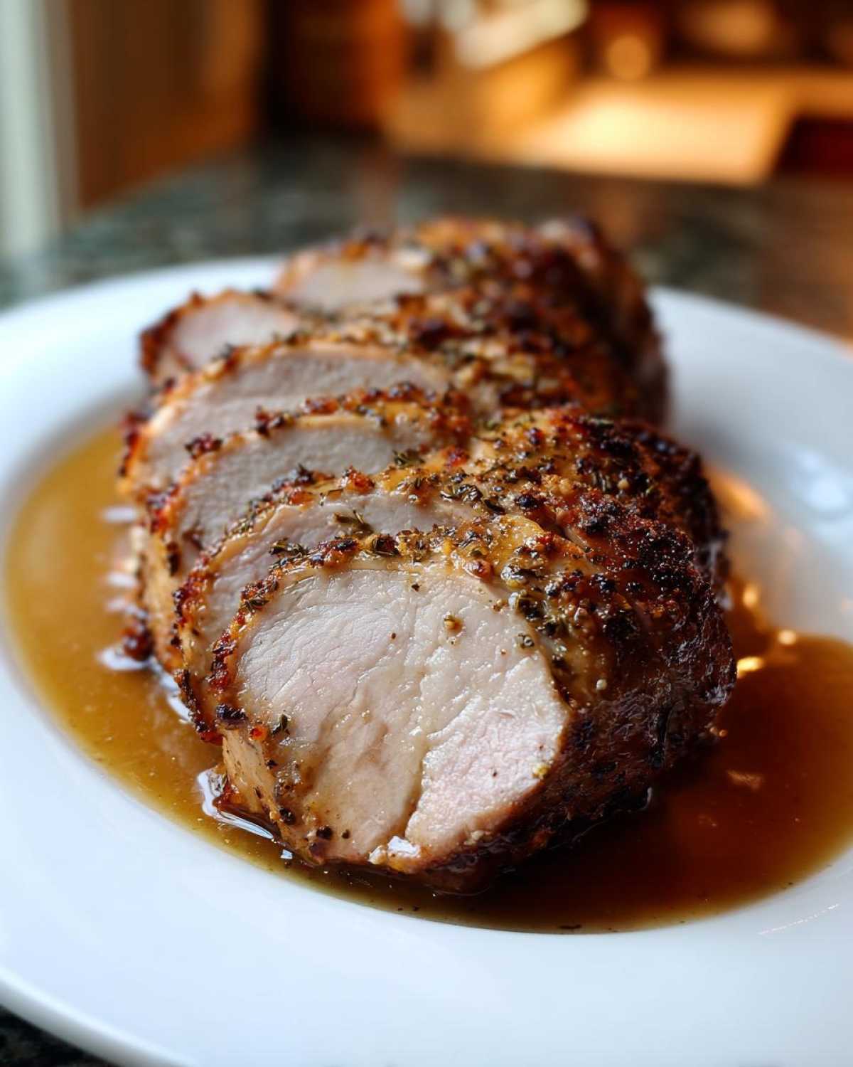 Close-up of sliced, herb-crusted pork loin roast resting in its own savory juices on a white plate.