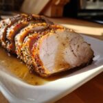 Close-up of several thick slices of juicy pork loin roast, seasoned with herbs and resting in pan juices.