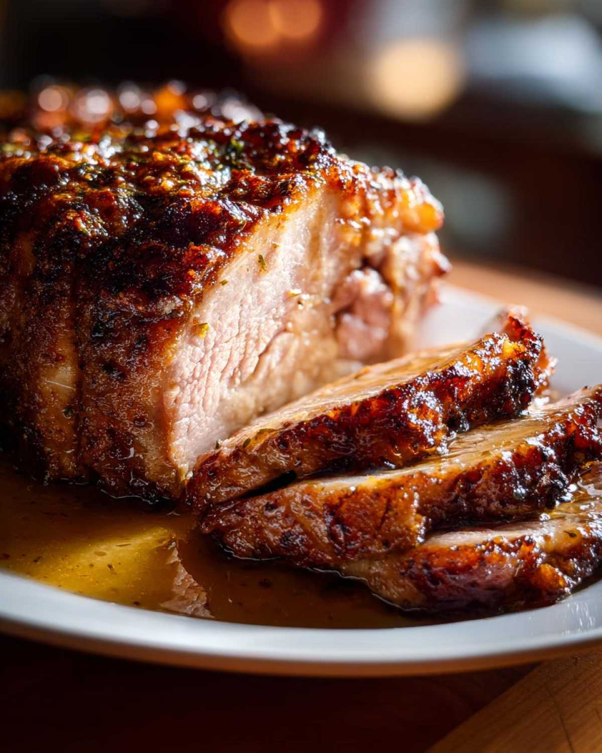 Close-up of a perfectly cooked pork loin roast, sliced and resting in its savory pan juices.
