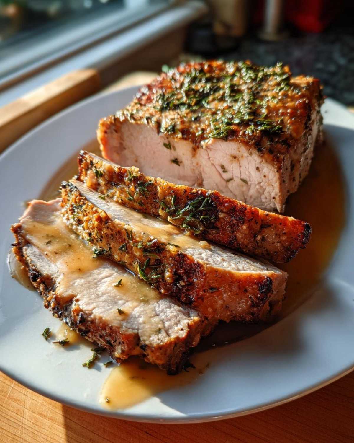 Close-up of a juicy pork loin roast, sliced and drizzled with pan gravy, topped with herbs.
