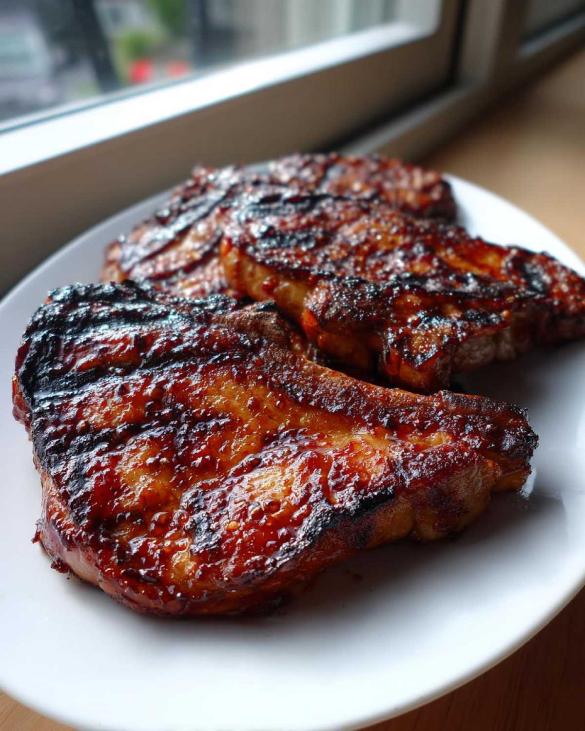 Close-up of three juicy, caramelized pork steak cuts with visible grill marks on a white plate.