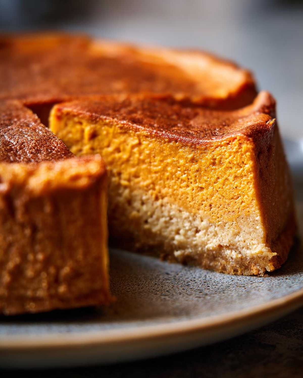 Close-up of a thick slice of keto pumpkin cheesecake showing the orange filling and crust.