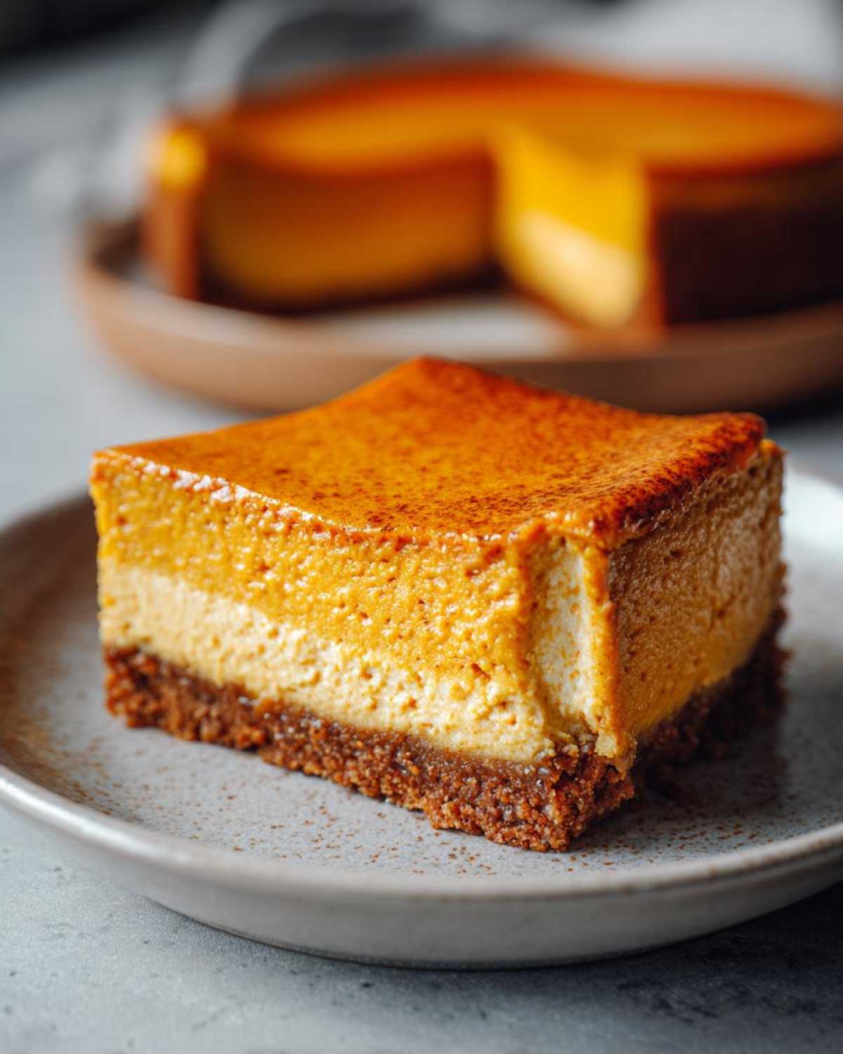 Close-up of a perfect slice of keto pumpkin cheesecake showing the orange pumpkin layer and cream cheese layer over a dark crust.