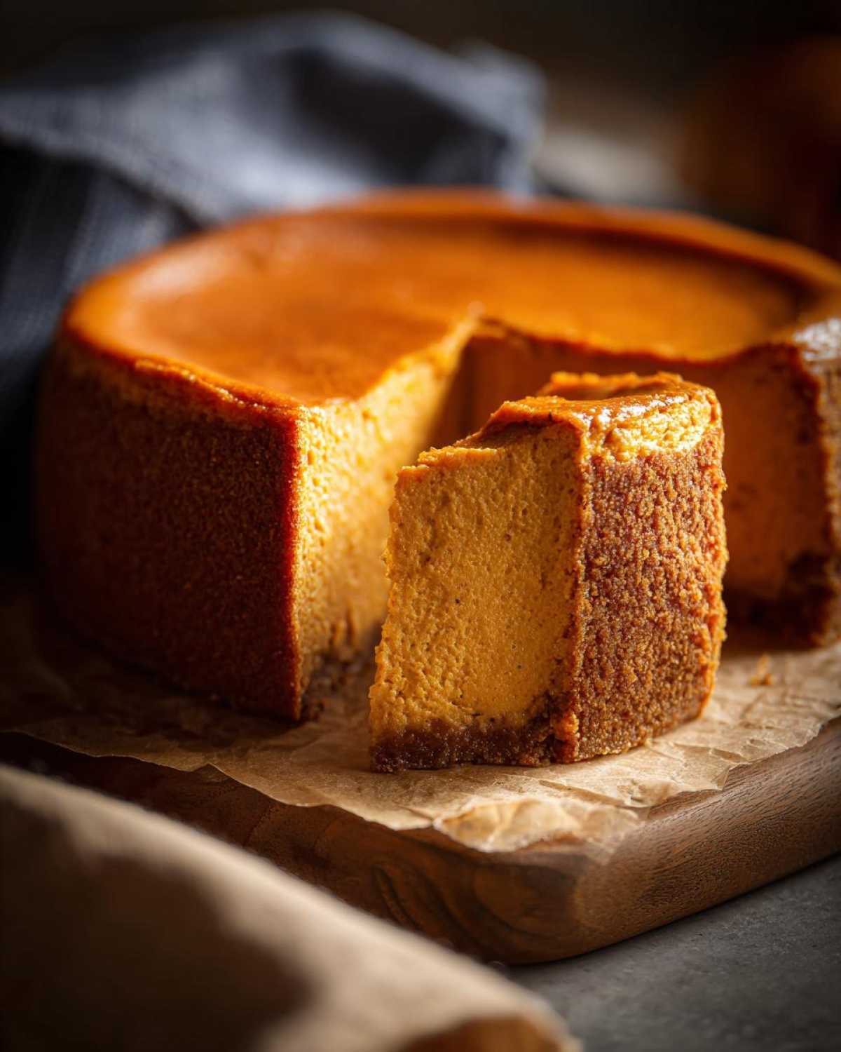 A thick slice of rich, orange keto pumpkin cheesecake with a dark crust, resting next to the main cake.