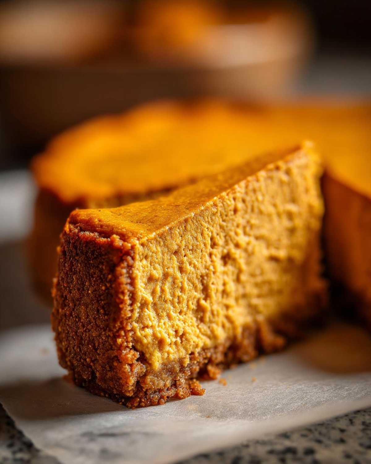 A close-up, rich slice of keto pumpkin cheesecake showing its dense, orange filling and thick crust.