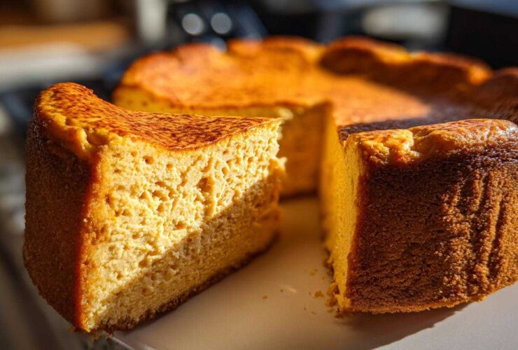 A thick slice of baked keto pumpkin cheesecake showing its dense texture, next to the rest of the cake.