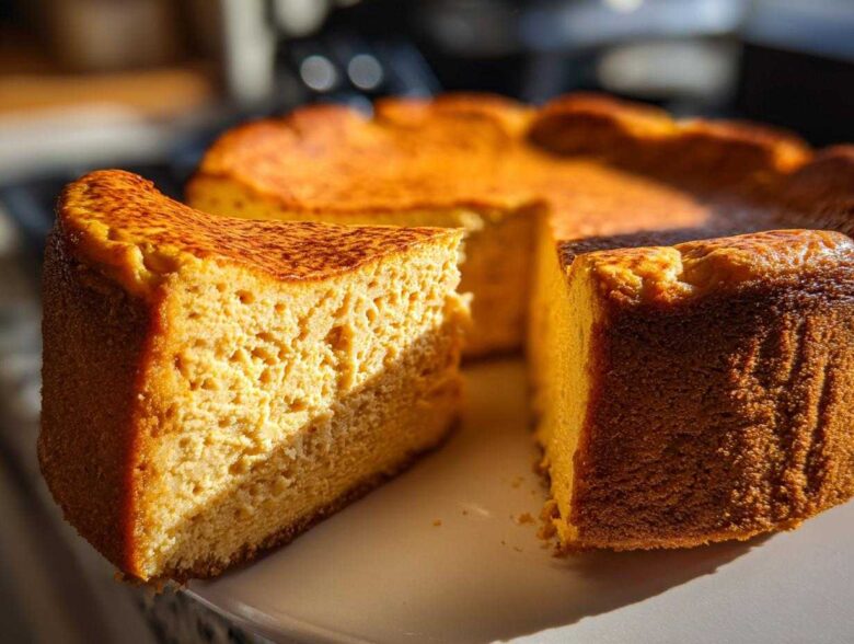 A thick slice of baked keto pumpkin cheesecake showing its dense texture, next to the rest of the cake.