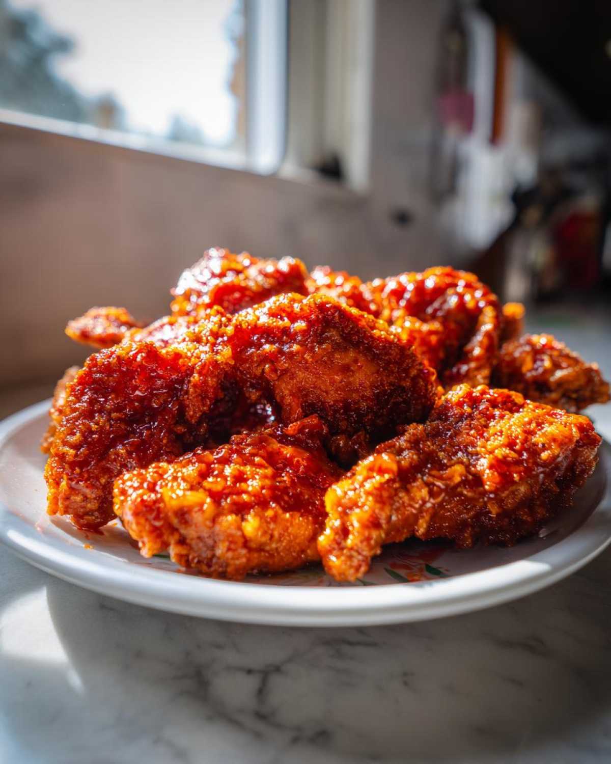 A plate piled high with crispy, glossy, red-glazed korean fried chicken pieces catching the sunlight.