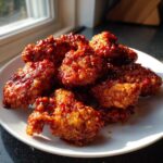 A close-up of crispy, glazed korean fried chicken pieces piled high on a white plate, catching the sunlight.