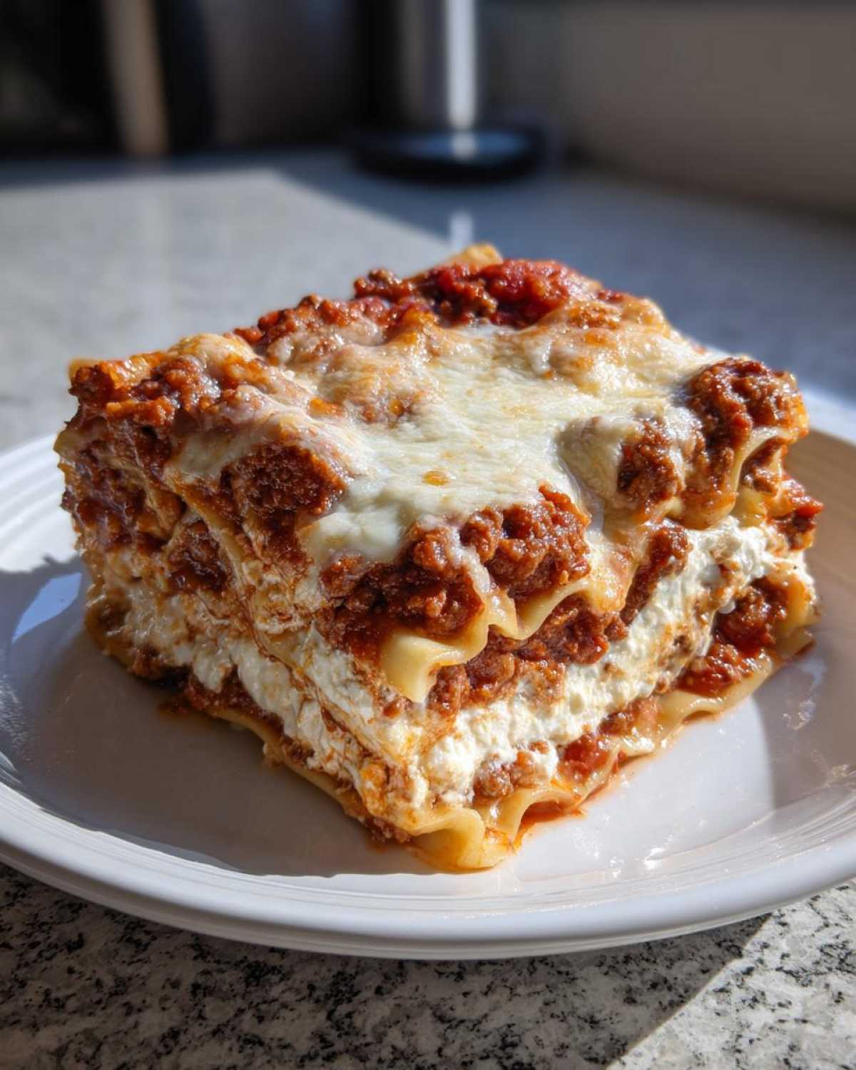 A thick, layered slice of lasagna with cottage cheese, meat sauce, and melted mozzarella topping.