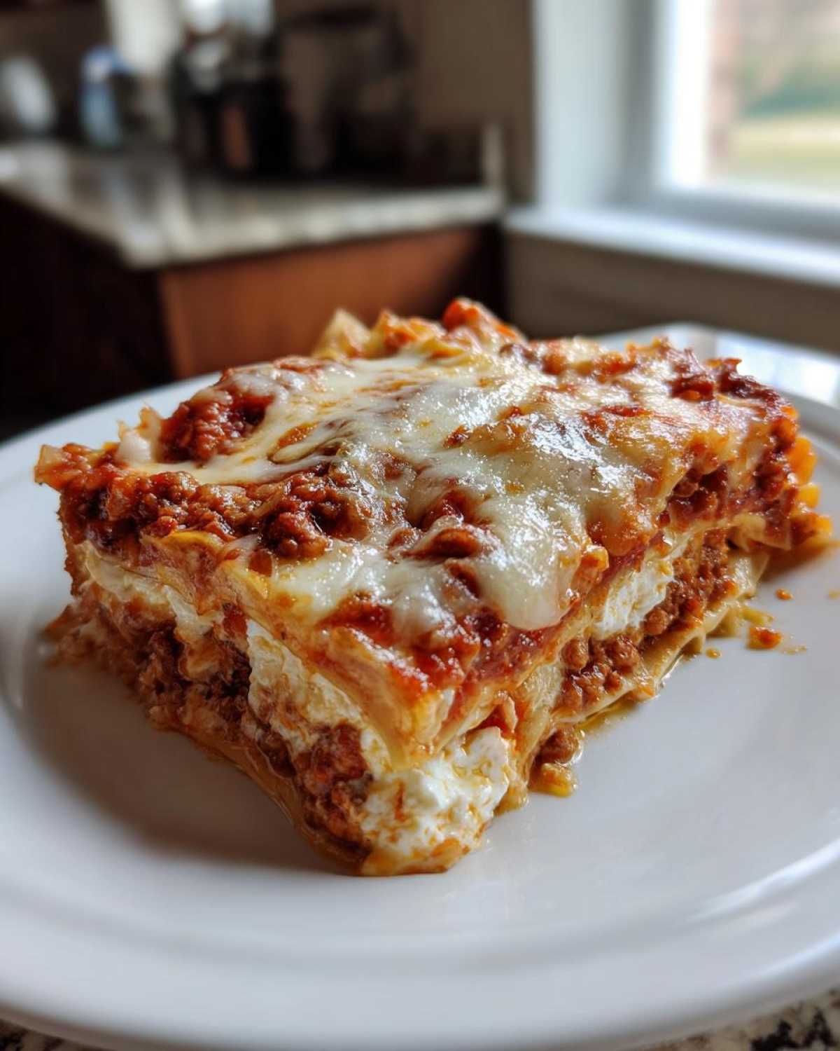 A generous slice of Lasagna with Cottage Cheese, featuring layers of pasta, meat sauce, and melted mozzarella on top.