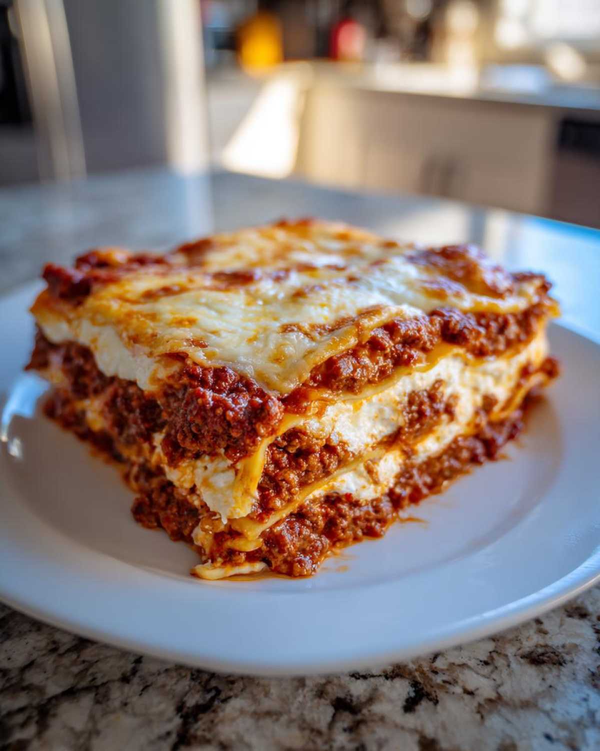 A thick, cheesy slice of Lasagna with Cottage Cheese showing layers of meat sauce and white filling on a white plate.