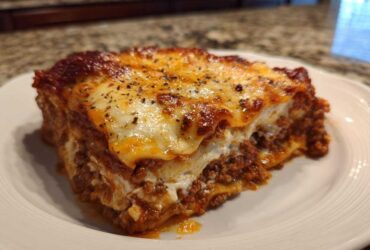 A thick, cheesy slice of lasagna with cottage cheese and meat sauce on a white plate.