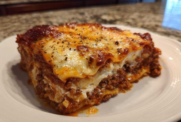 A thick, cheesy slice of lasagna with cottage cheese and meat sauce on a white plate.