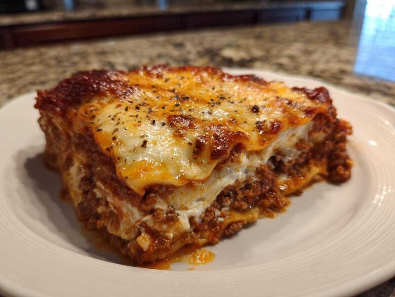 A thick, cheesy slice of lasagna with cottage cheese and meat sauce on a white plate.