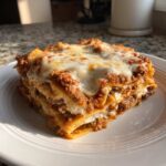 A thick, layered slice of Lasagna with Cottage Cheese topped with melted mozzarella cheese, served on a white plate.