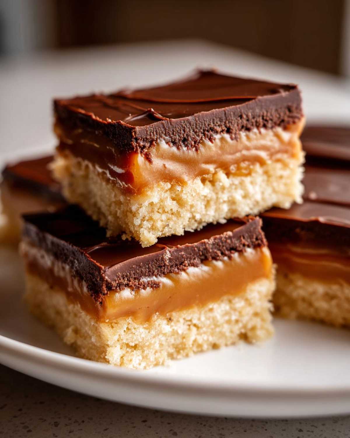 Close-up of stacked homemade twix bars showing the shortbread base, thick caramel layer, and rich chocolate topping.