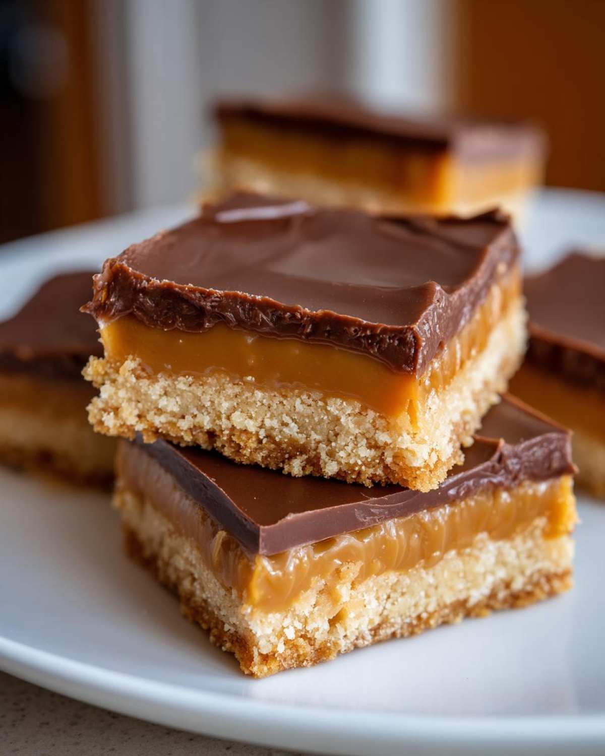 Two stacked squares of homemade twix bars showing a shortbread base, thick caramel layer, and chocolate topping.