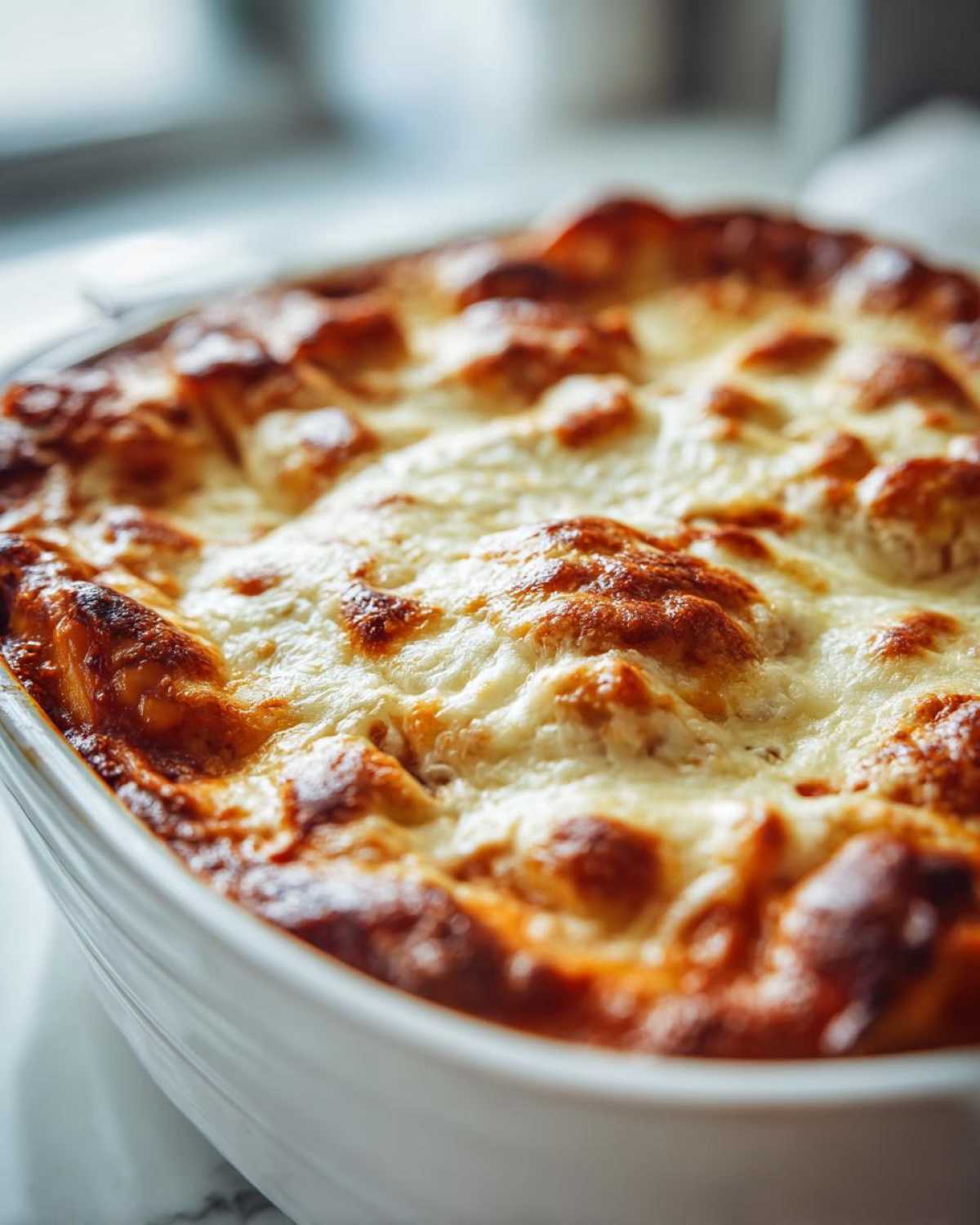 Close-up of a bubbling, cheesy top layer of a freshly baked lazy lasagna in a white dish.