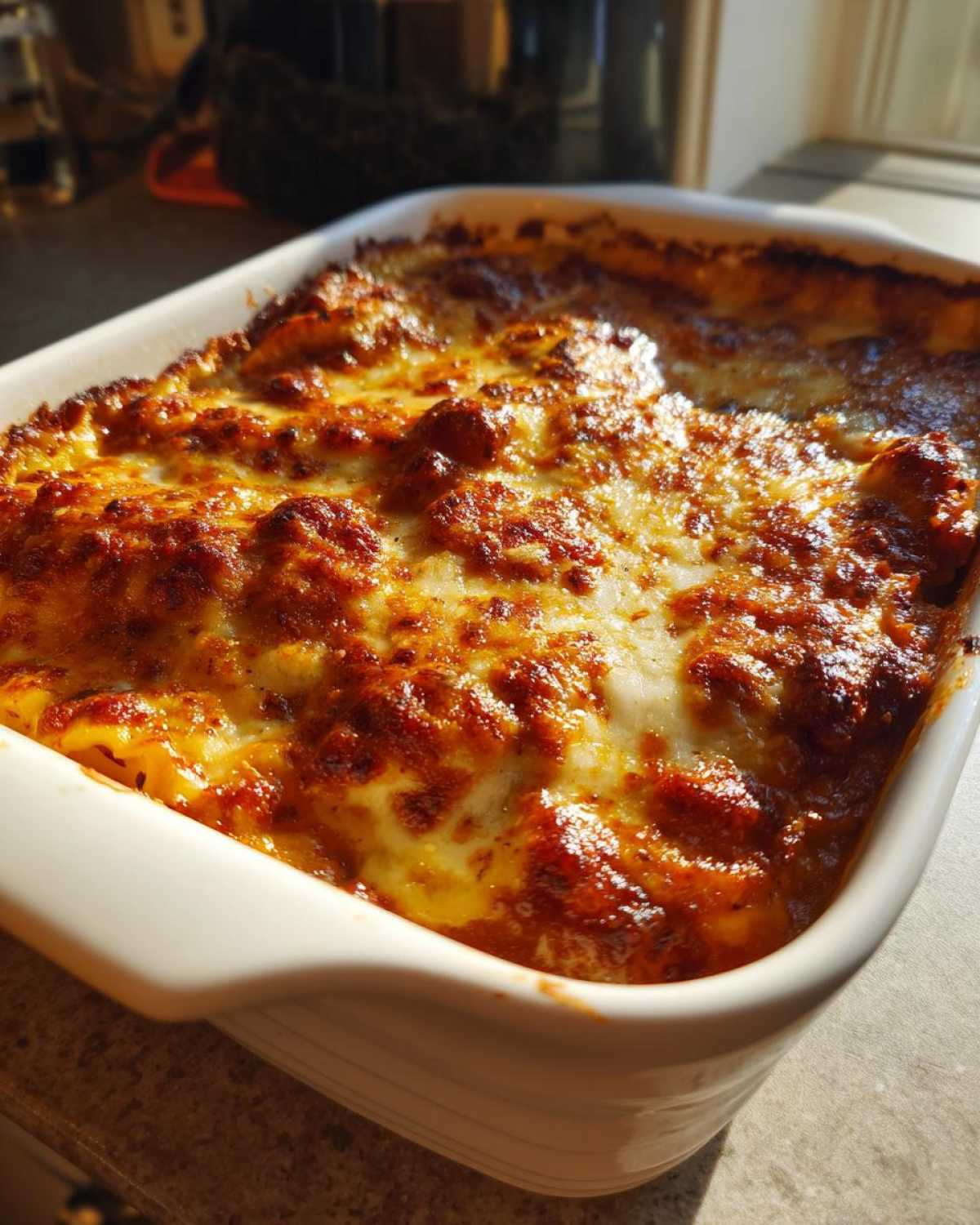 Close-up of a bubbly, cheesy, and browned top layer of a freshly baked lazy lasagna in a white baking dish.