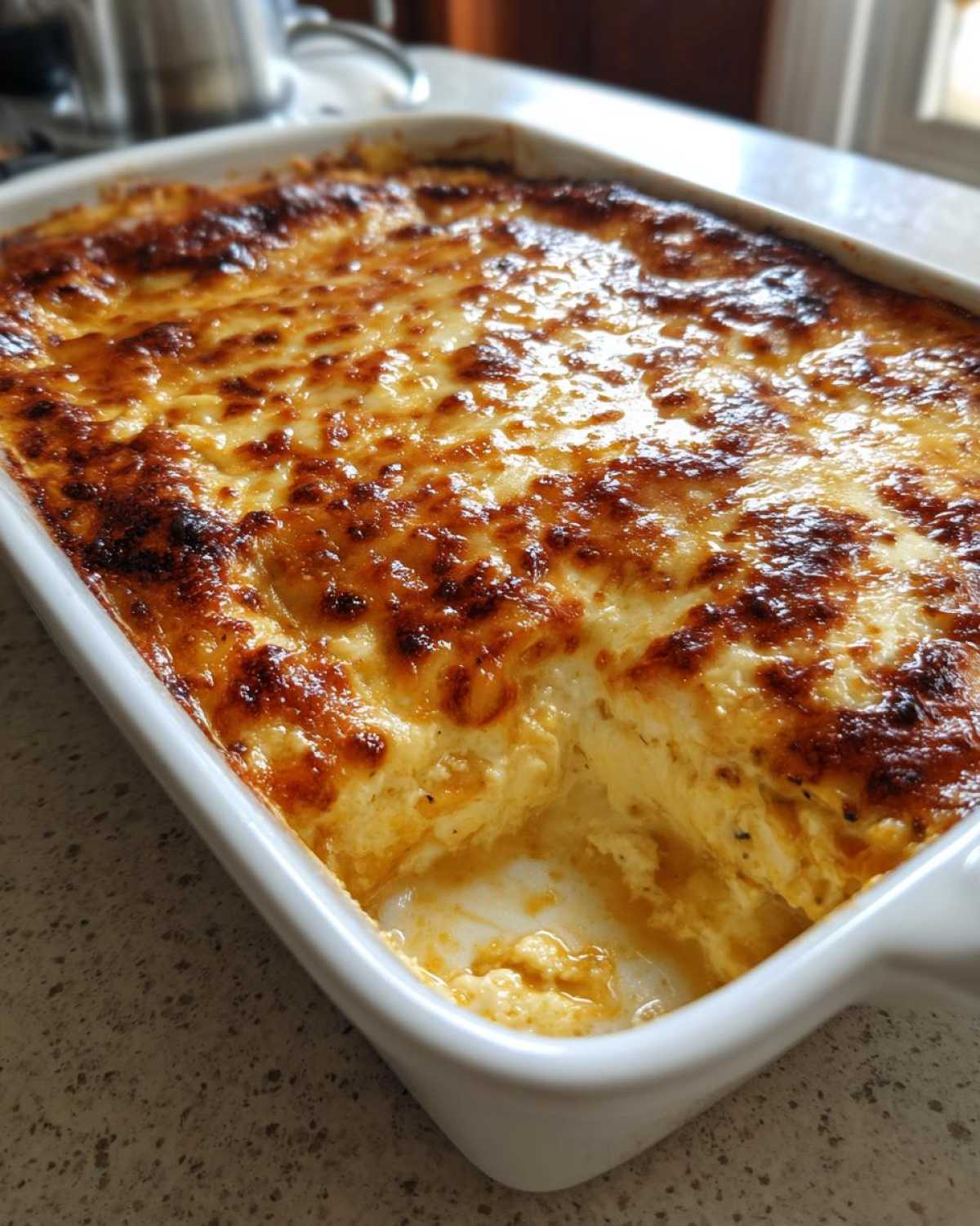 Close-up of a white baking dish filled with bubbling, golden-brown lazy lasagna, showing a scoop removed.