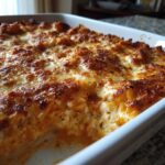 Close-up of a bubbling, golden-brown baked lazy lasagna in a white casserole dish.