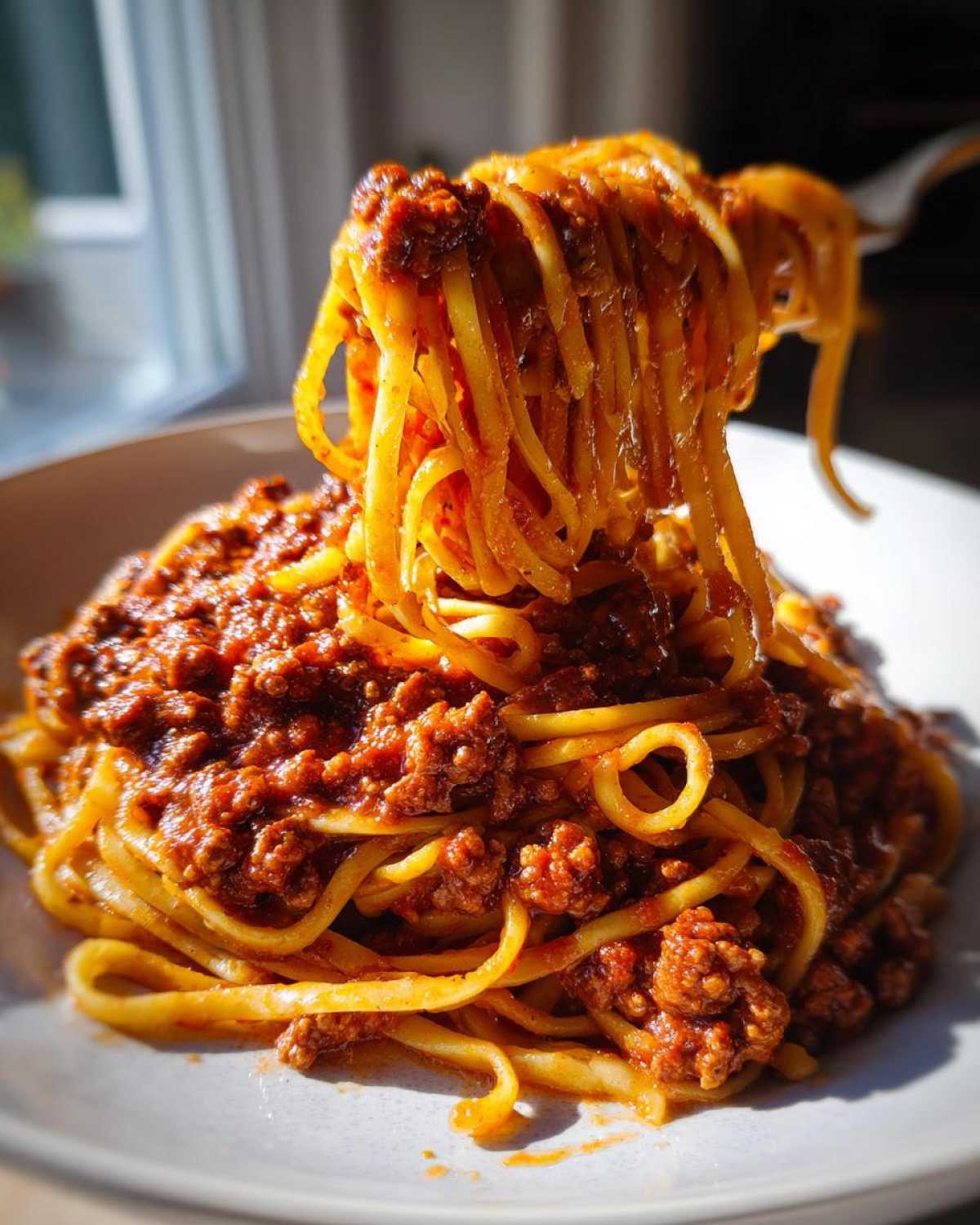 Close-up of linguine pasta being lifted with a fork, heavily coated in rich, meaty bolognese sauce.